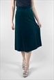 70'S VINTAGE EMERALD GREEN LADIES A LINE VELVET MIDI SKIRT