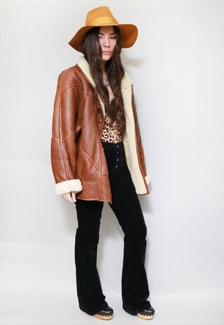 VINTAGE 1980'S BROWN SLOUCHY SHEARLING AVIATOR COAT