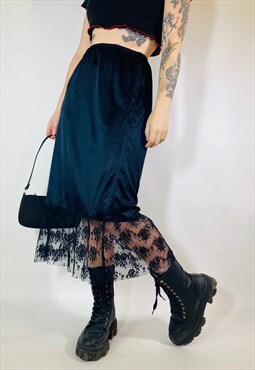 Vintage 90s 00s Y2K Satin Lace Black Midi Maxi Slip Skirt
