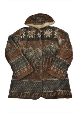 Vintage Fleece Jacket Winter Print Brown Ladies Large