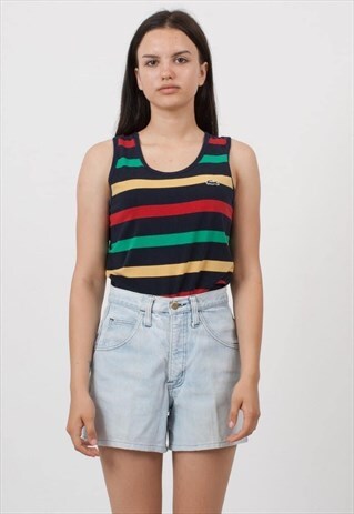 VINTAGE BLACK RED GREEN LACOSTE CREW NECK STRIPED TANK TOP
