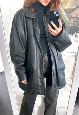 Oversized Warm Sherpa Black Leather Coat / Jacket - XL