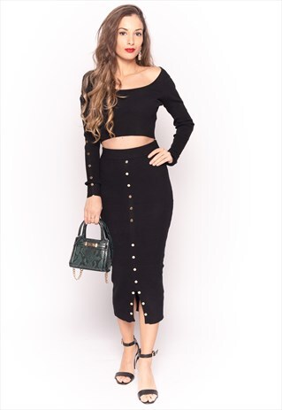 SOFT KNIT LONG SLEEVES CROP TOP & MIDI SKIRT IN BLACK