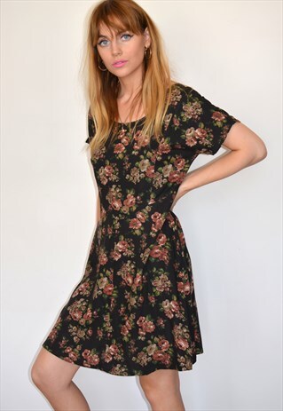 VINTAGE 90S BLACK FLORAL PRINT SUMMER MINI DRESS