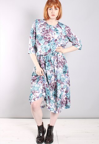 VINTAGE 80S FLORAL PATTERNED MIDI SKATER DRESS