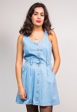 90'S VINTAGE LIGHT BLUE DENIM BUTTON FRONT MINI DRESS