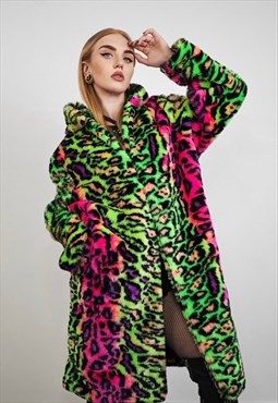 Neon leopard faux fur coat hooded rave festival jacket green