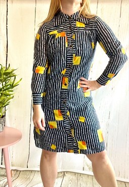 Vintage Blue Striped Yellow Block Pattern 80's Shirt Dress