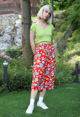 VINTAGE 90'S FLOWER PATTERN WIDE LEG COULOTTE PANTS SHORTS S