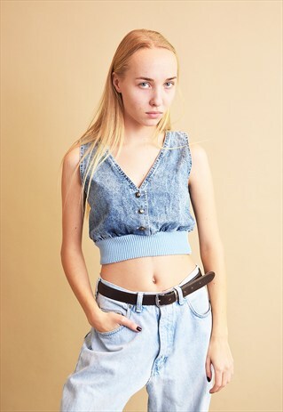 COOL VINTAGE 90'S RETRO ACID WASH DENIM CROP TOP BLOUSE