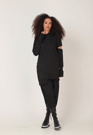 ASYMMETRICAL HOODIE DRESS WITH CIRCLE POCKET AND OPEN SLEEVE