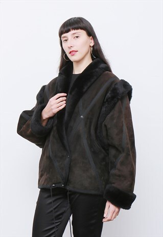 VINTAGE 1980'S SHEEPSKIN SHEARLING SUEDE AVIATOR FLYING COAT