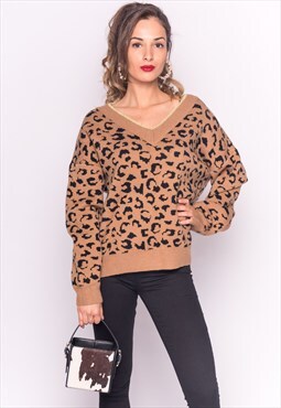 Soft Knit Jumper in Brown Leopard Print