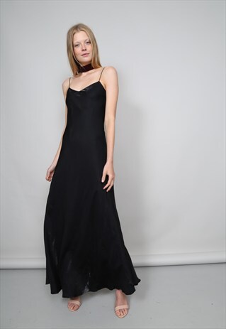 VINTAGE 90'S BLACK SATIN SPAGHETTI STRAP MAXI SLIP DRESS