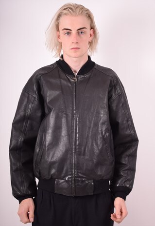 MENS VINTAGE LEATHER BOMBER JACKET LARGE BLACK 90S