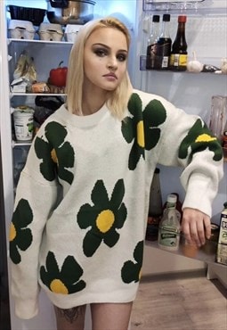 Little Daisy knitwear sweater retro flower jumper in Cream