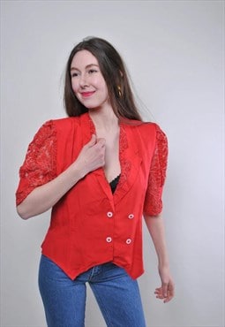 Vintage evening lace short sleeve red blouse