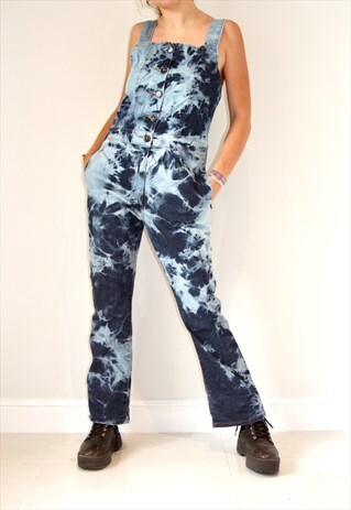 REWORKED DENIM TIE DYE BLEACHED DUNGAREE JUMPSUIT