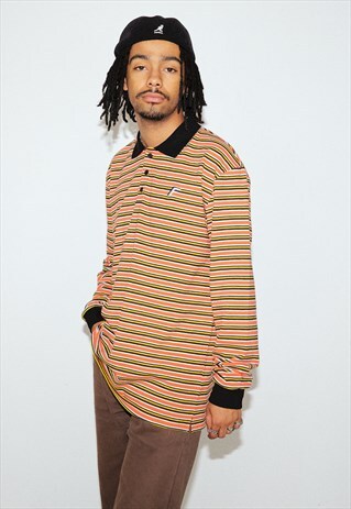 STRIPED LONGSLEEVE POLO SHIRT IN ORANGE AND BLACK