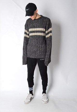 VINTAGE 90S GREY KNIT STRIPED MOHAIR BLEND GRUNGE JUMPER