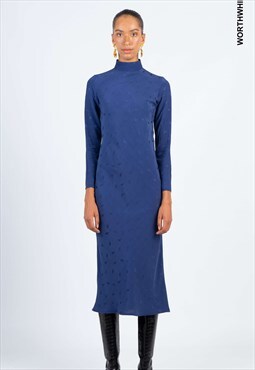 Jacquard midi blue dress with perkins collar and long sleeve