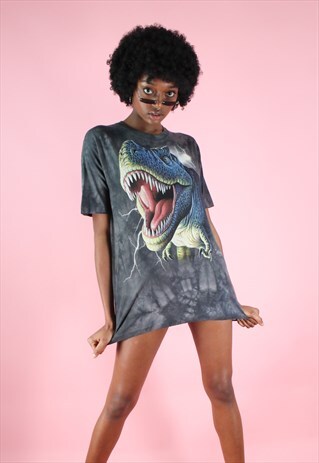 VINTAGE 90S Y2K DARK GREY NEON DINOSAUR T-REX PRINT T-SHIRT