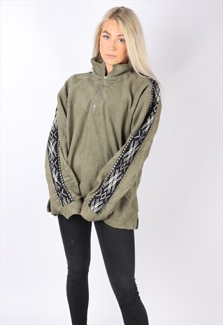 VINTAGE AZTEC FLEECE JUMPER SWEATER L OVERSIZED KHAKI 80S