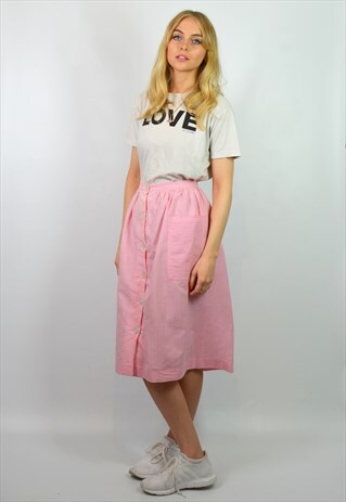 VINTAGE HIGH WAISTED PINK & WHITE STRIPE MIDI SKIRT