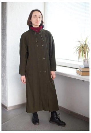 VINTAGE DOUBLE BREASTED RED COLLAR WOOL COAT IN KHAKI