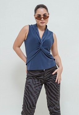 Vintage Y2k Blue Sleeveless V Neck Wrap Fitted Top M