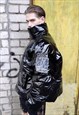 SHINY PLASTIC CROPPED BOMBER QUILTED PUFFER JACKET IN BLACK