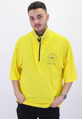 VINTAGE DIADORA 1/4 ZIP SHORT SLEEVE SWEATER IN YELLOW LARGE