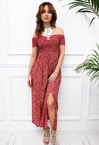 RED FLORAL BARDOT SHORT SLEEVE DOUBLE SLIT BOHO MAXI DRESS