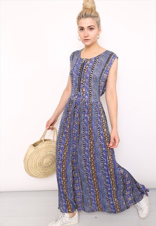 VINTAGE 90S REWORKED BLUE BOHO MIDI DRESS