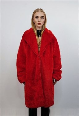 Red faux fur long coat shaggy trench bright raver bomber red