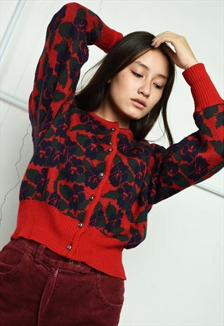 VINTAGE 70'S MOD RETRO FLORAL PATTERN KNIT BOHO CARDIGAN