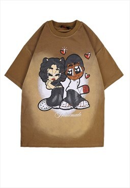 Couple print t-shirt love cartoon tee tie-dye top in brown