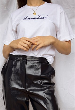 WHITE EMBROIDERED SLOGAN T-SHIRT IN NAVY BOYFRIEND FIT