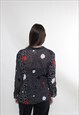 VINTAGE 90S ABSTRACT BLOUSE, BLACK CROPPED BLOUSE SHEER 