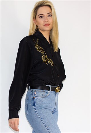 VINTAGE 80'S BLACK GOLD LEAF PRINT BLOUSE