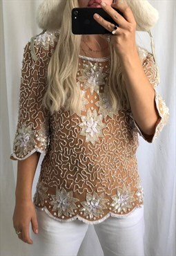 Vintage 90s Tan Chiffon Sequinned & Beaded Embellished Top