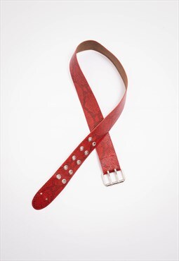Vintage 80s Grunge Red Snake Print Leather Waist Belt Women 