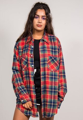 VINTAGE 90'S RED & BLUE CHECKED LONG SLEEVE FLANNEL SHIRT