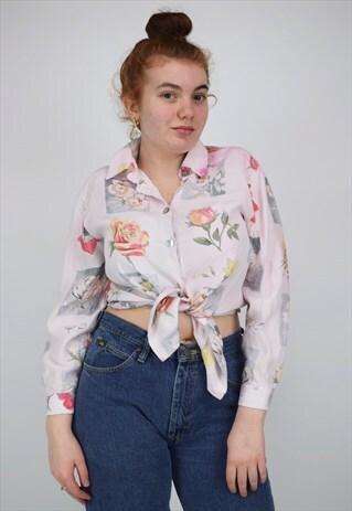 VINTAGE PINK FLORAL TIE UP LONG SLEEVE SHIRT