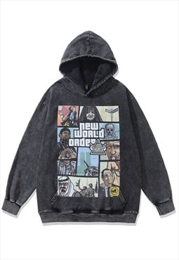 Grunge print hoodie GTA game pullover cartoon top in grey