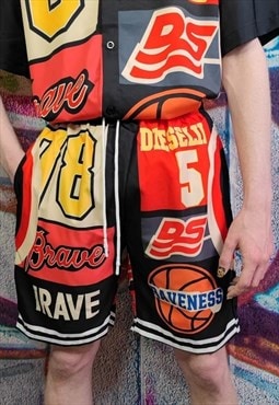 Racer shorts game print crop board baseball pants red black