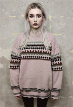 Retro sweater Aztec print top vintage pattern jumper in pink