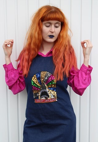 VINTAGE REWORKED 90S DENIM DRESS WITH SEQUIN RAINBOW SHARK
