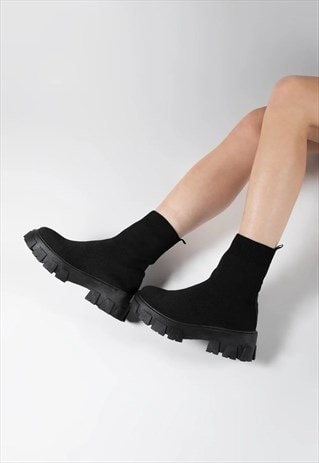 BLACK CHUNKY ANKLE SOCK BOOTS
