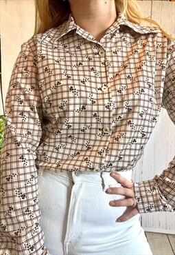 Vintage Brown Boho Checked Floral Western 70's Shirt